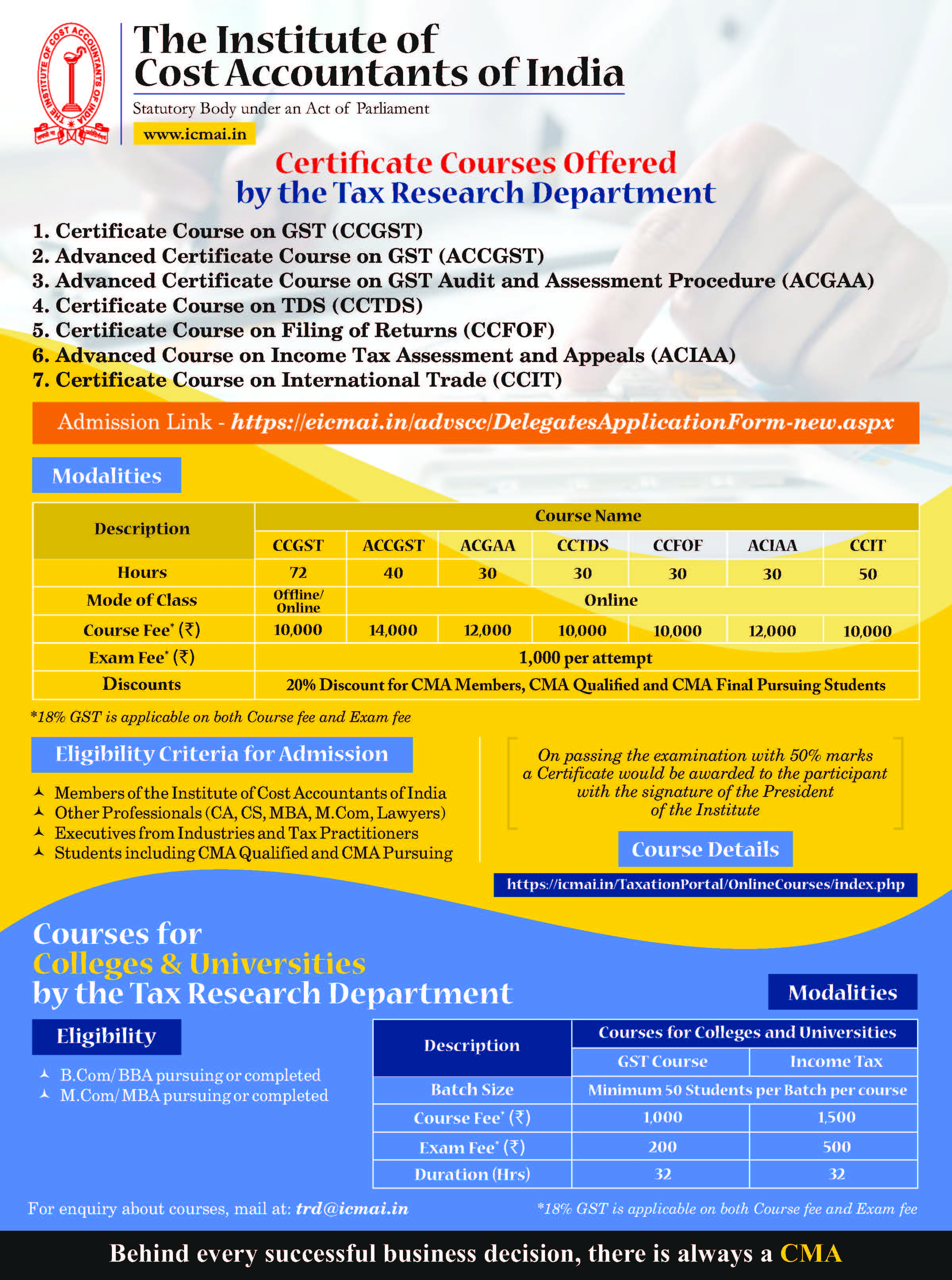 The Institute Of Cost Accountants Of India - Taxation Courses